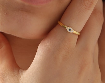 14K Gold Filled Evil Eye Ring, Dainty Protection Ring