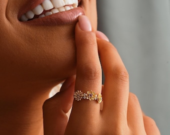 Gold Filled Combined Birth Flower Ring, Personalized Dainty Floral Band, Family Gift, XW212