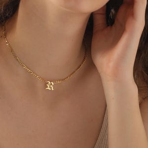 Gold Figaro Chain Initial Necklace, Sterling Silver Old English Letter