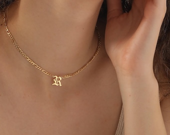 Gold Figaro Chain Initial Necklace, Sterling Silver Old English Letter