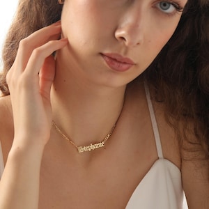 Custom Name Plate Necklace, Figaro Chain, Sterling Silver Gold Finish, Personalized Jewelry image 3