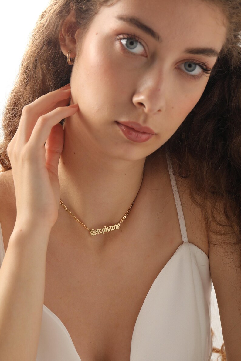 Custom Name Plate Necklace, Figaro Chain, Sterling Silver Gold Finish, Personalized Jewelry image 3