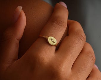 Chevalière en or 18 carats vermeil gravée, bague prénom personnalisée