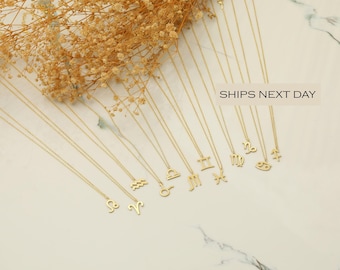 May include: Gold-colored necklaces with zodiac sign pendants are displayed on a white surface. The necklaces are arranged with dried flowers in the background. The text "SHIPS NEXT DAY" is visible.
