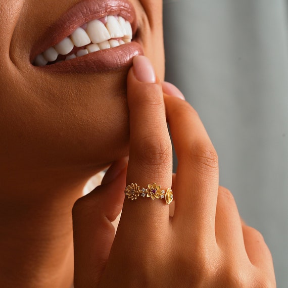 Combined Birth Flower Ring, Birth Flower Ring Gold, Dainty Birth Flower Ring, Birthstone Ring with Birth Flower, Family Gift, XW212
