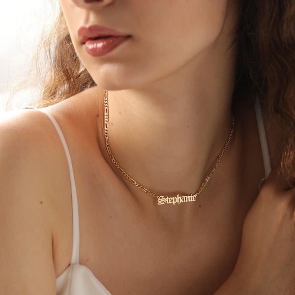 Old English Name Necklace, Figaro Chain, Sterling Silver Personalized Jewelry