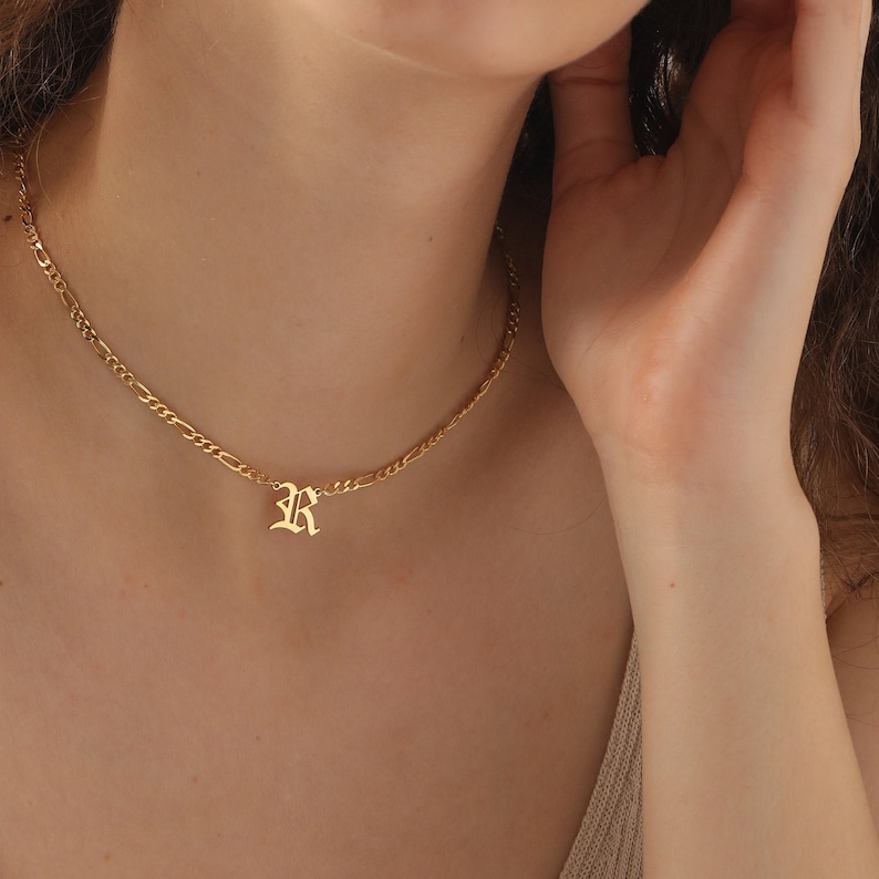 Figaro Chain Initial Necklace, Old English, Initial Necklace Gold, Letter Necklace, Personalized Gift, Birthday Gift, XW51 image 1