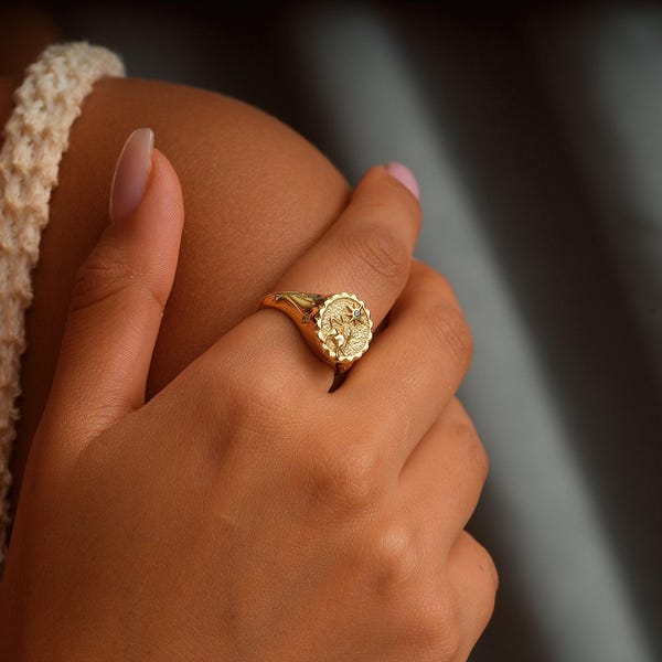 Custom Zodiac Signet Ring, 14k Gold Astrology Jewelry