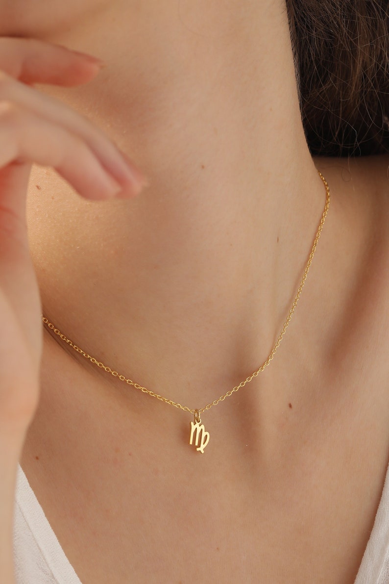 14K Gold Virgo Necklace, Zodiac Necklace Silver, Libra Necklace, Personalized Jewelry, Astrology Birthday Gift, Rose Gold, XW32 image 1