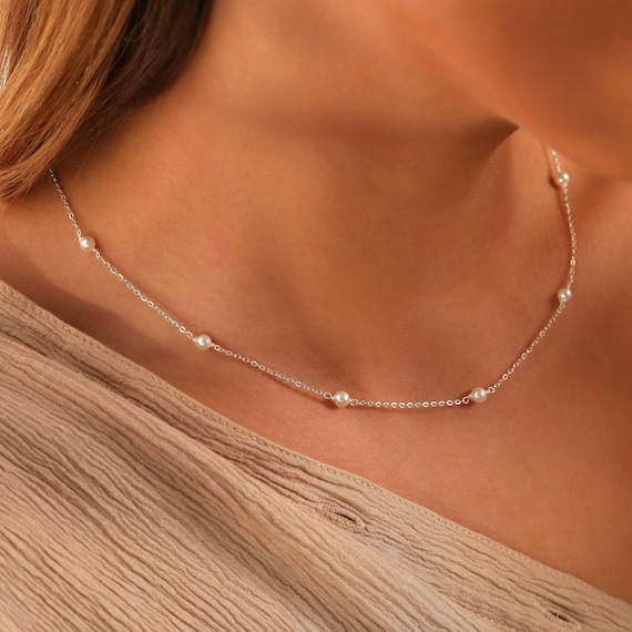 Sterling Silver Pearl Necklace, Wedding Jewelry, Pearl Station