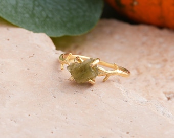 14K Gold Filled Genuine Raw Moldavite Ring, Silver and Rose Gold, MLD-R