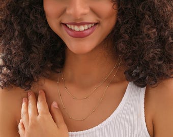 18K Gold Satellite Layered Necklace: Dainty Beaded Duo Chain XW129