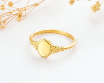 14K Gold Dainty Signet Ring, Sterling Silver Base, Personalized Jewelry