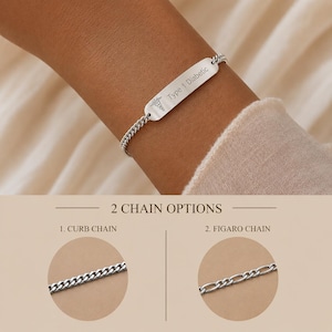 May include: A silver-toned medical alert bracelet featuring a rectangular identification plate engraved with a caduceus symbol and the text Type 1 Diabetic. The image displays two chain options: a curb chain and a figaro chain for the bracelet.
