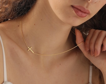 14K Solid Gold Sideways Cross Necklace, Dainty Gift