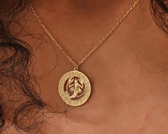 14K Gold Zodiac Coin Necklace, Leo Necklace, Scorpio Zodiac Sign Necklace, Astrology Jewelry, Birthday Gift, XW193