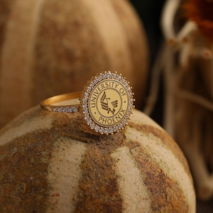 Custom College Crest Ring, Graduation Gift, Sterling Silver & Gold