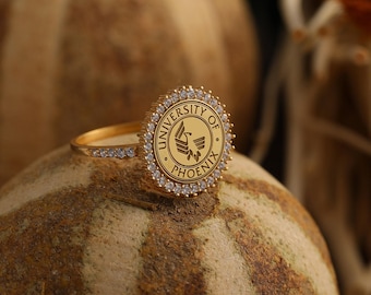 Custom College Crest Ring, Graduation Gift, Sterling Silver & Gold