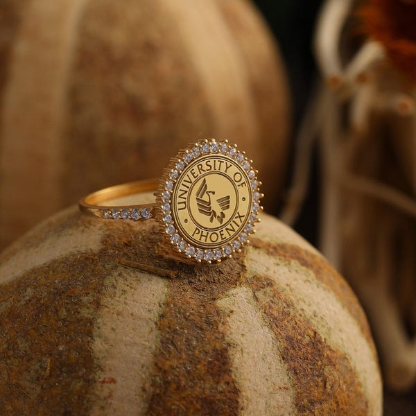 Custom College Crest Ring, Graduation Gift, Sterling Silver & Gold