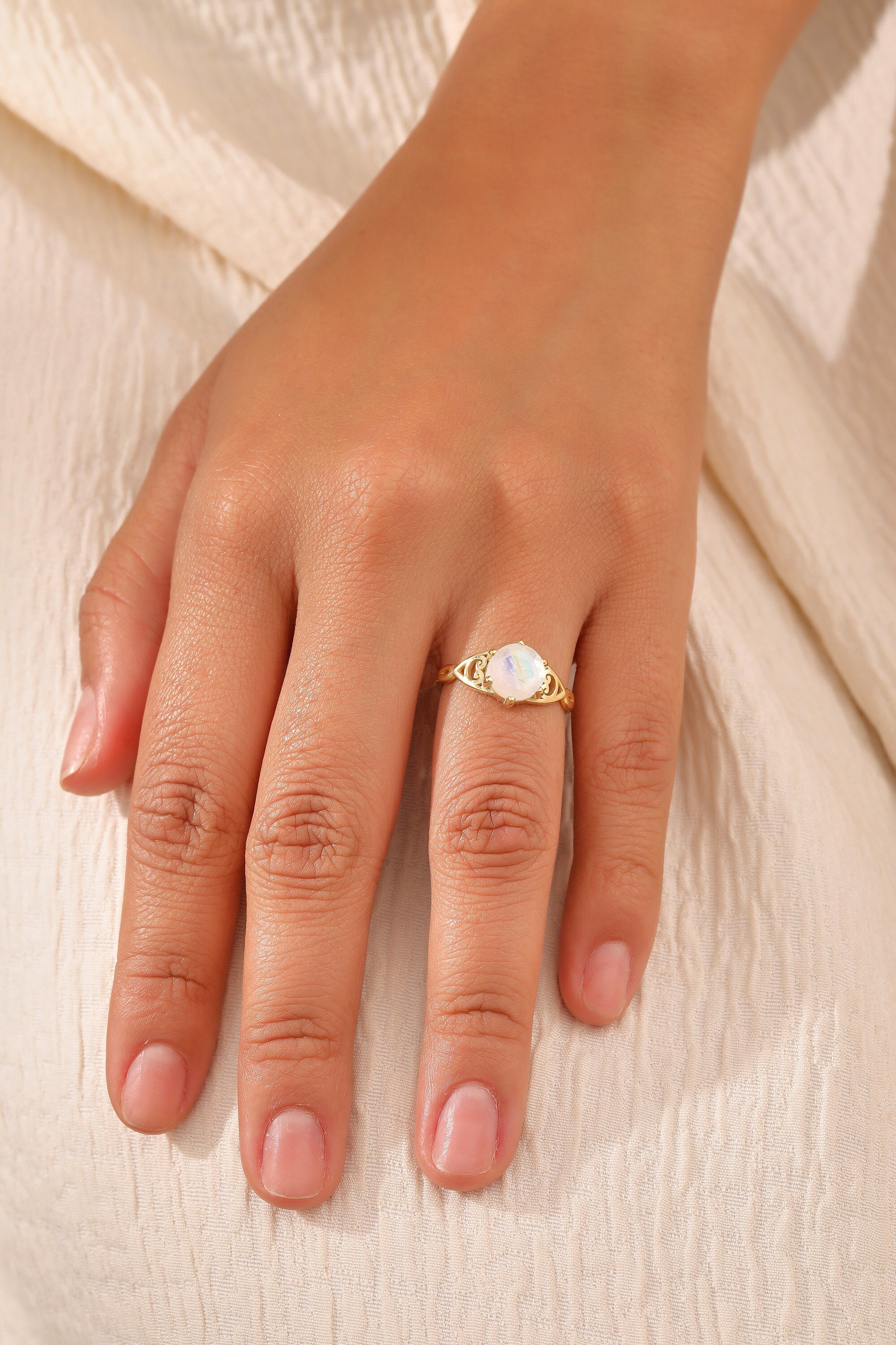 14K Gold Moonstone Ring, Engagement Ring, Rainbow Moonstone, Dainty Promise Ring, Crystal Ring, Wedding Gift, XW189