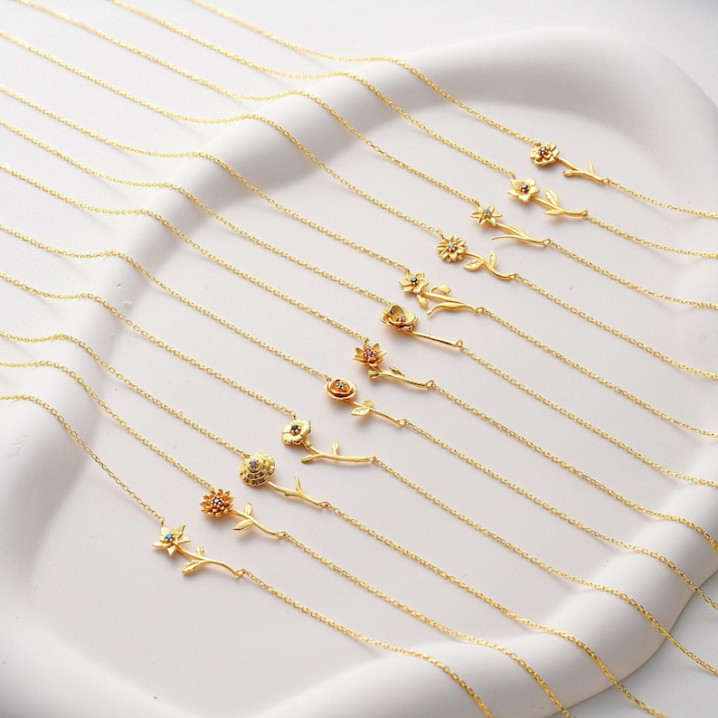 14K Gold Filled Birth Flower Necklace, Dainty Horizontal Pendant, Personalized Floral Jewelry image 6