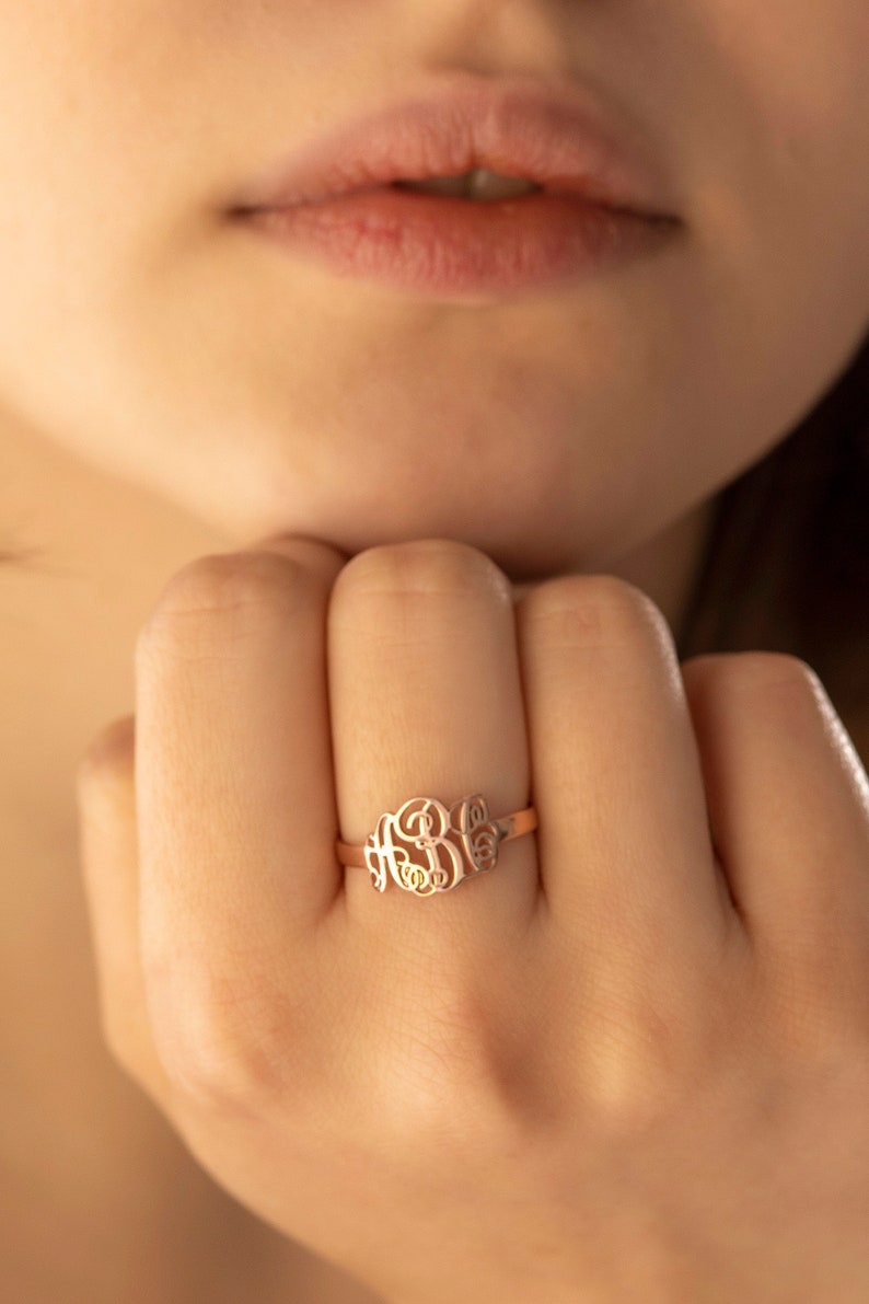 Sterling Silver Monogram Ring, Custom Letter Ring, Personalized Ring, Gift For Her, Gold, Rose Gold XW21 image 2