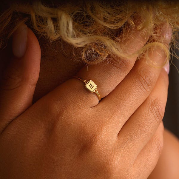Personalized Pinky Signet Ring Initial Ring for Women Gold filled and Silver