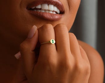 Gold Filled Baguette Emerald Signet Ring, Handmade Jewelry