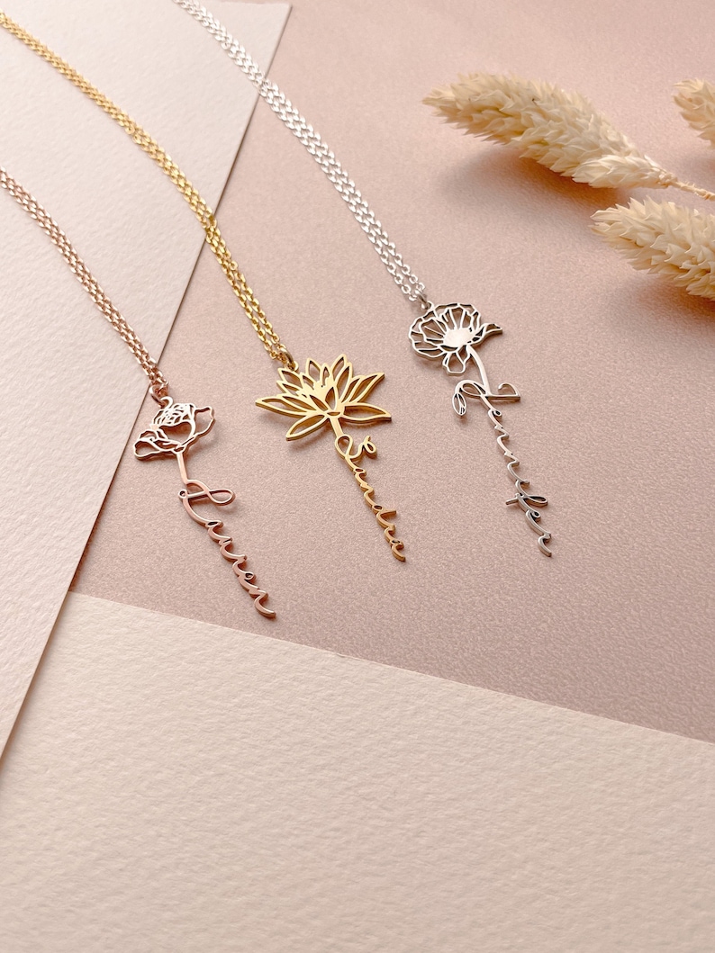 Custom Birth Flower Necklace, Vertical Name Necklace, Personalized Necklace, Bridesmaid Gifts, Birthday Gift, Silver, Gold, Rose Gold, XW43 
