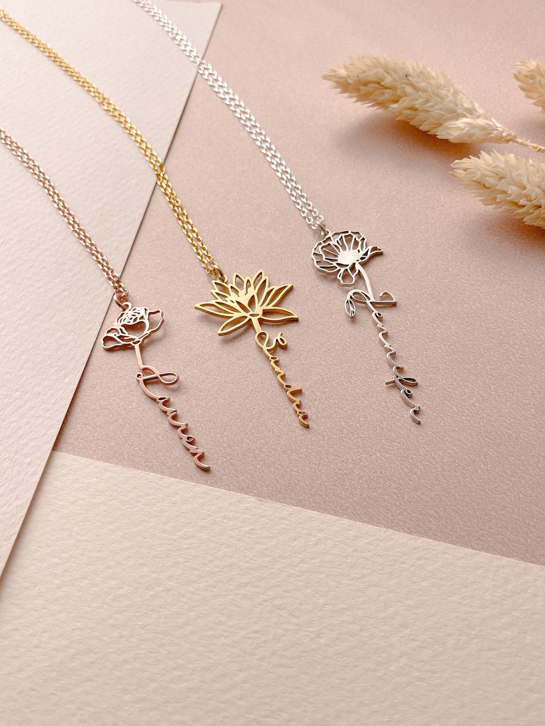 Custom Birth Flower Necklace Vertical 