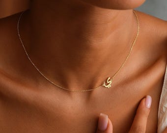 14K Gold Filled Arabic Initial Necklace, Personalized Sideways Letter Jewelry