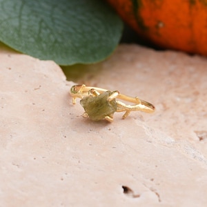 Sterling Silver Moldavite Ring, Czech Crystal, Rose Gold Accent