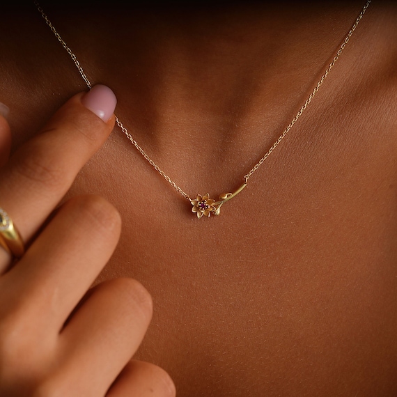 14K Gold Filled Birth Flower Necklace, Dainty Horizontal Flower Necklace, Birth Month Flower, Mothers Necklace, Family Gifts, XW255