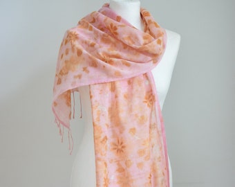 Eco-printed Organic Cotton Floral Pink Scarf, Hand Dyed, Naturally Dyed,  Plant dyes,  Flower Prints, Gift for her, Sustainable Gift