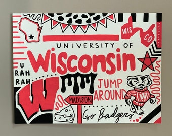 Puede incluir: Un fondo blanco con garabatos negros y rojos que representan el logotipo de la Universidad de Wisconsin, las palabras "Go Badgers", "Jump Around" y "U Rah Rah".