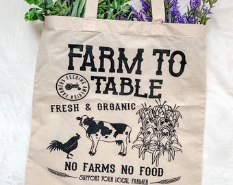 Farm To Table Fresh & Organic No Farms No Food Tote Bag | Farm Life Tote Bag | Farmers Market Tote Bag | Natural Shopping Bag | Farmers Bag