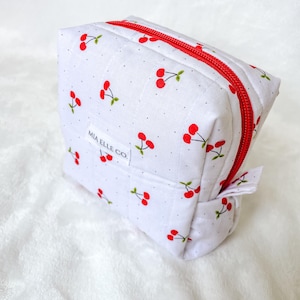 Cherry Quilted Makeup Bag: Handmade Travel Toiletry Pouch