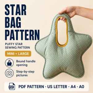 Op de afbeelding: Een stervormige tas van saliegroene stof met een wit stippenpatroon en een mosterdgele voering. De tekst luidt: STAR BAG PATTERN, PUFFY STAR SEWING PATTERN, MINI + LARGE, Bound handle opening, Step-by-step pictures, PDF PATTERN.