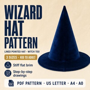 Puede incluir: Un sombrero de mago de terciopelo azul oscuro con corona puntiaguda y ala plana rígida. El texto dice: WIZARD HAT PATTERN, LINED POINTED HAT, WITCH TOO, 3 SIZES KID TO ADULT, Stiff flat brim, Step-by-step drawings, PDF PATTERN, US LETTER, A4, A0.