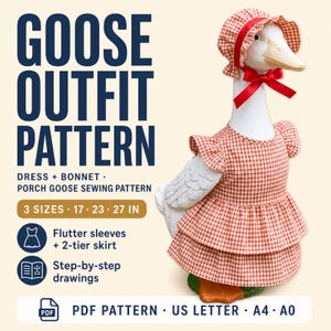 Goose Outfit Sewing Pattern PDF, Porch Goose Top with Puff Sleeves, Tiered Skirt and Bonnet for 17, 23 and 27 Inch Lawn Goose Clothes