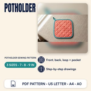 May include: A square quilted potholder with a coral-coloured fabric featuring a subtle pattern and a teal blue border. The item includes a small hanging loop. Text on the image includes POTHOLDER, 3 SIZES 7 8 9 IN, and PDF PATTERN US LETTER A4 A0.