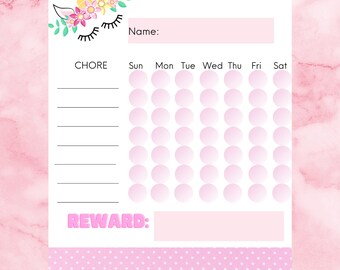 Printable Chore Chart for Kids, Responsibility Chart, Reward Chart, Unicorn, pink, kids chore chart