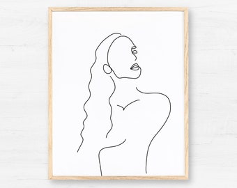 Abstract Woman Line Art Printable Female Body One Line Drawing Long Hair Women Face Minimalist Wall Art Digital Download Feminine Home Decor