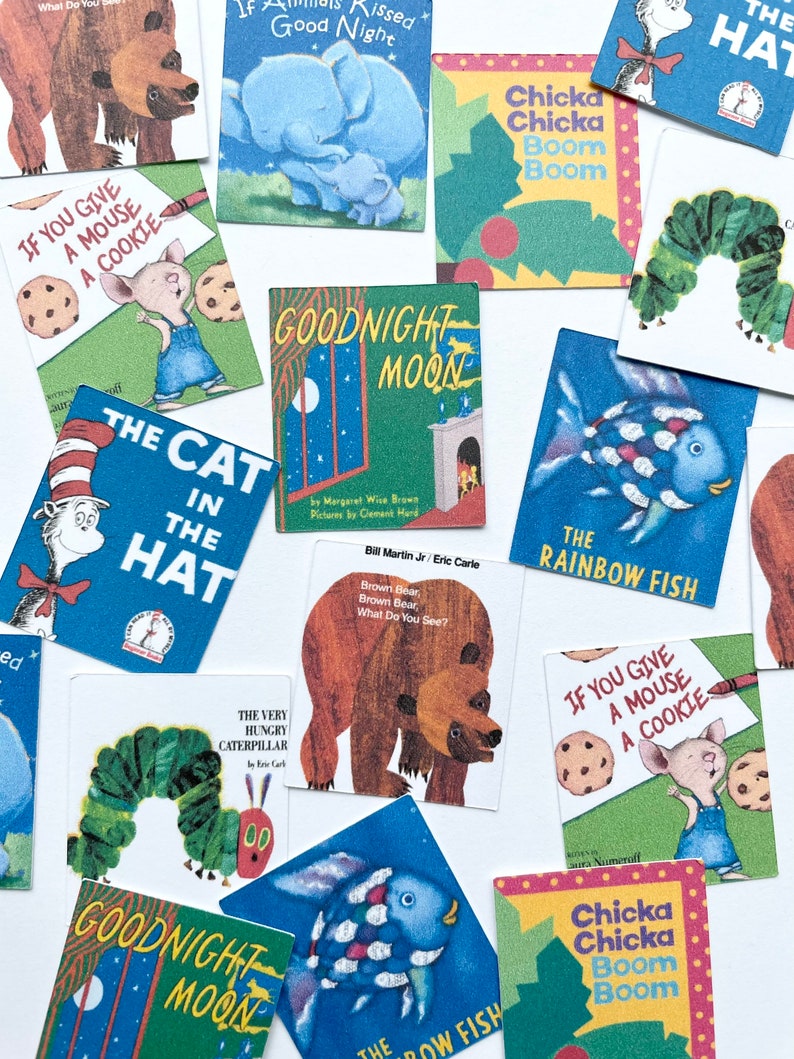 May include: A collection of children's book covers featuring various titles, including "The Very Hungry Caterpillar", "Goodnight Moon", "The Cat in the Hat", "Brown Bear, Brown Bear, What Do You See?", "Chicka Chicka Boom Boom", and "The Rainbow Fish".