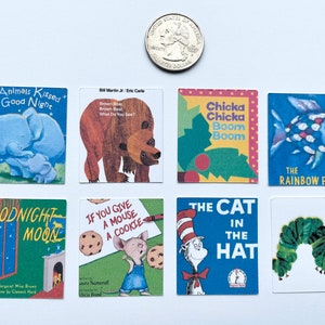 May include: A set of ten miniature children's book covers featuring popular titles such as "Goodnight Moon", "The Very Hungry Caterpillar", "The Cat in the Hat", and "If You Give a Mouse a Cookie".