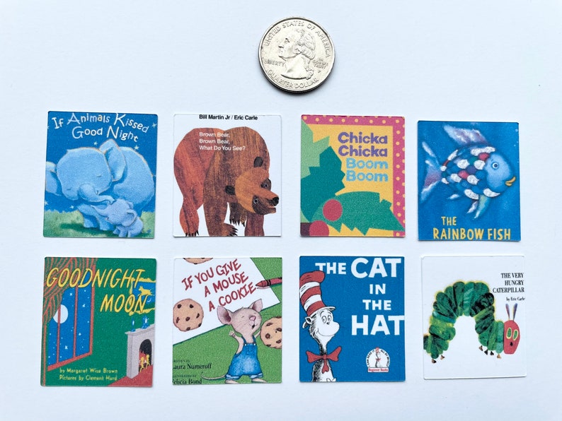 May include: A set of ten miniature children's book covers featuring popular titles such as "Goodnight Moon", "The Very Hungry Caterpillar", "The Cat in the Hat", and "If You Give a Mouse a Cookie".