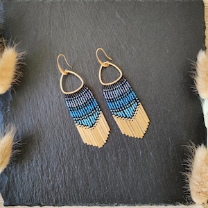 Handmade earrings &quot;Alizeh&quot; with blue Miyuki Delica beads and tinkling brass bars, playful jingling wind chime earrings