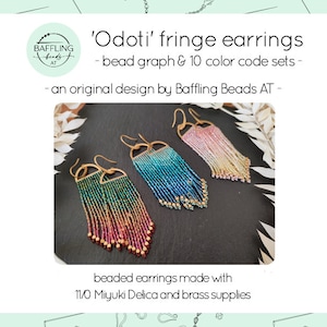 Bead graph & color codes for 10 Odoti fringe earring variations, ombre gradients with Miyuki Delica beads, digital pattern for DIY earrings
