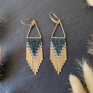 Handmade earrings &quot;Tuulikki&quot; with Miyuki Delica beads and tinkling brass bars, playful jingling wind chime earrings in dark blue