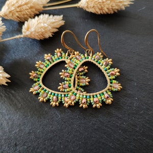 Delicate handmade earrings "Penelope" with a green bead mix and rose Czech beads, small handwoven brass earrings